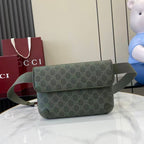 Gucci bag with flap and GG monogram canvas, green crossbody shoulder strap.