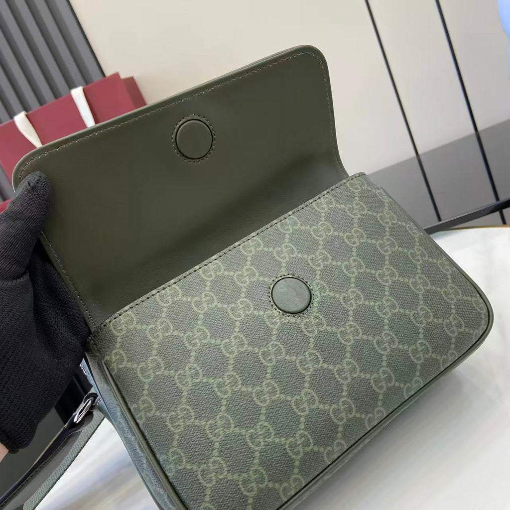 Monogram crossbody bag flap in dark green with GG pattern and snap buttons
