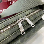 Monogram bag close-up of zipper pull hardware and GG-pattern fabric edge
