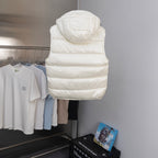 White hooded padded jacket vest with full back quilting and raised hood