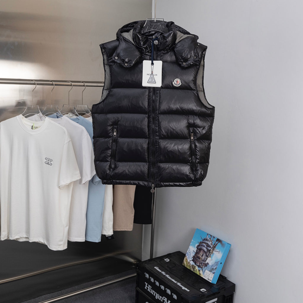 Moncler black quilted long puffer vest with hood and front zipper