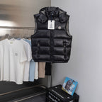 Moncler black quilted long puffer vest with hood and front zipper