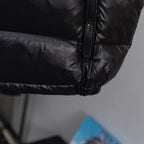 Moncler long puffer jacket, quilted hem with black zipper trim