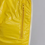 Long puffer coat with front zipper, glossy yellow fabric