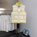 Moncler long padded vest with full front zipper, cream exterior and stand collar