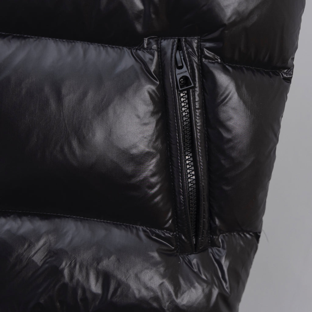Moncler long puffer coat with stand collar and front zip
