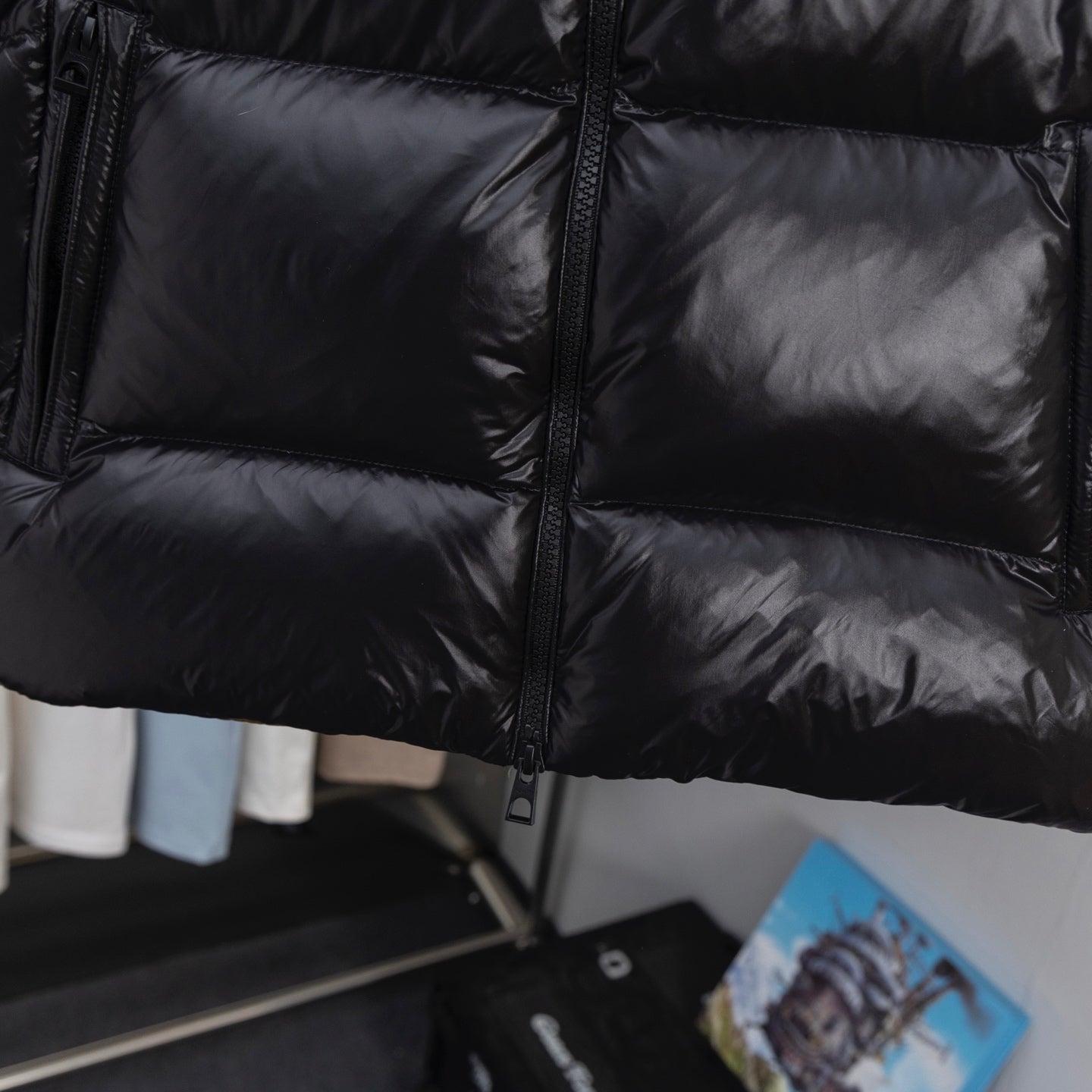 Long Moncler puffer coat with quilted panels and full front zip