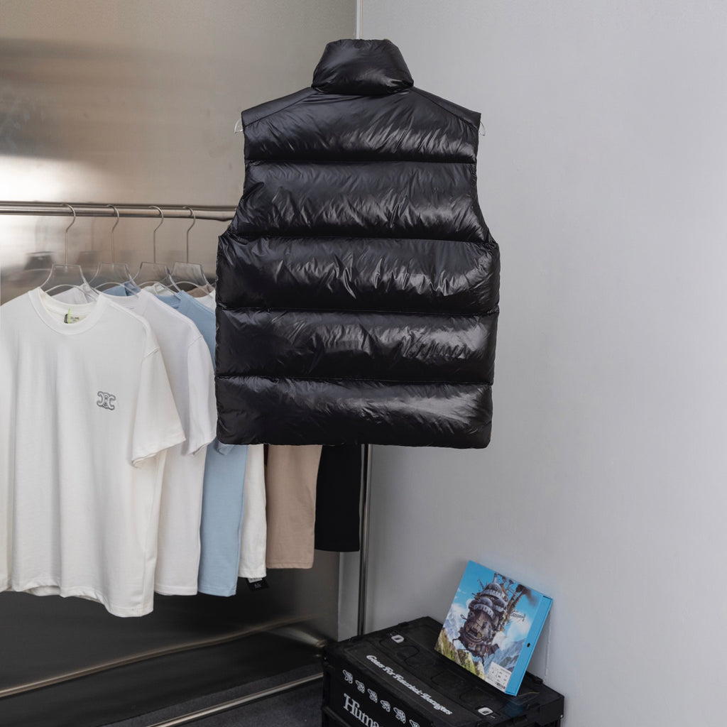 Moncler black puffer vest, back view, padded horizontal quilting
