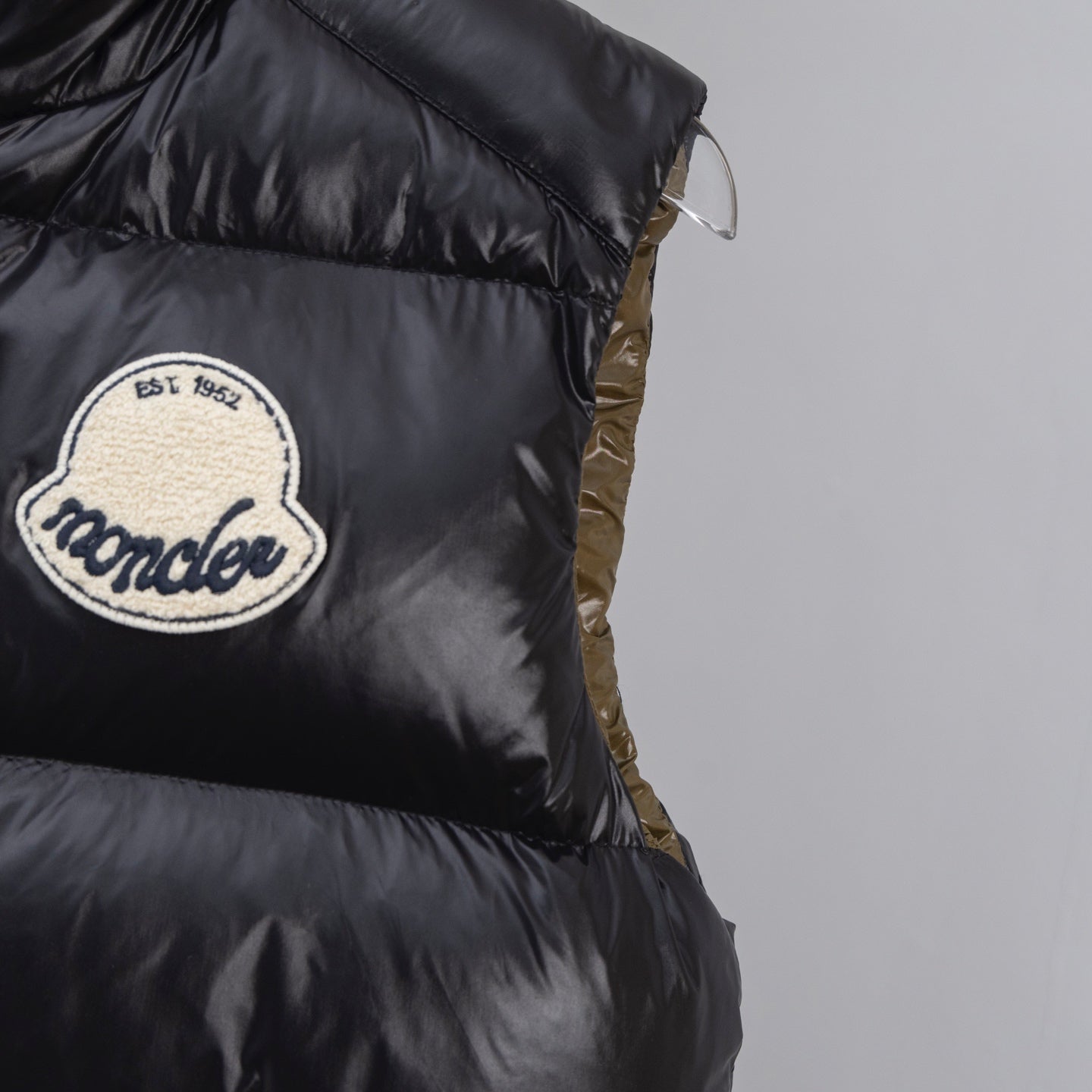 Moncler black puffer vest side panel with embroidered logo patch