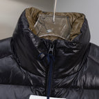 Moncler black puffer vest with front zip and hooded collar opening