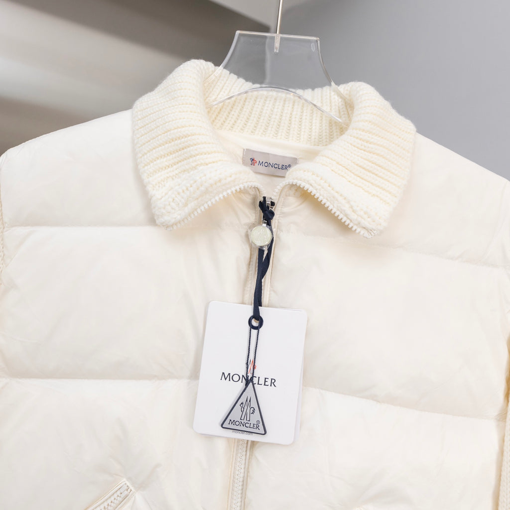 Cream Moncler long puffer jacket with ribbed knit collar and front zipper