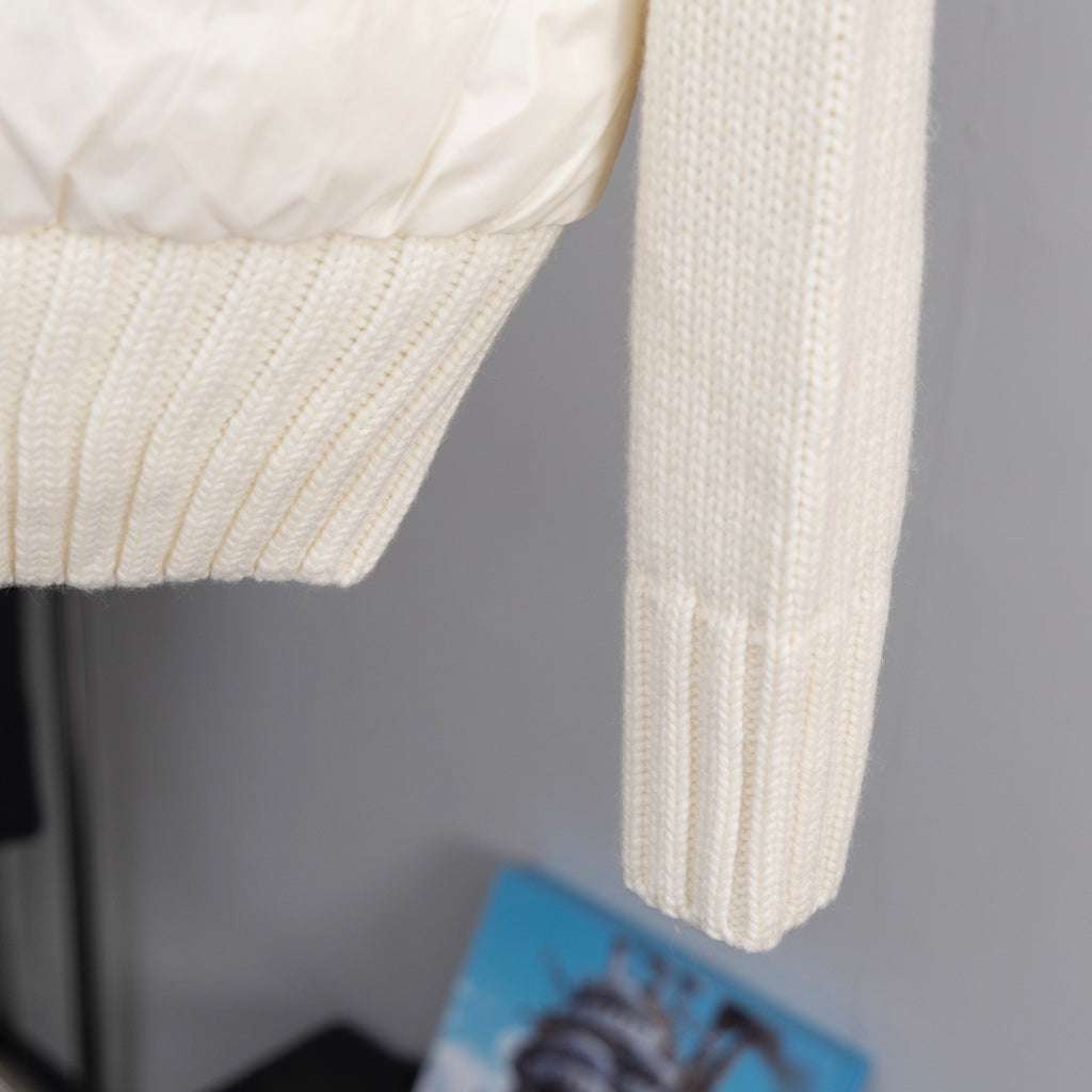 Moncler quilted jacket sleeve with ribbed knit cuff and textured body panel