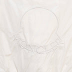 Moncler white puffer jacket, embroidered Moncler-style lettering at neckline