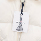 Moncler long puffer jacket with hanging tag over front zipper