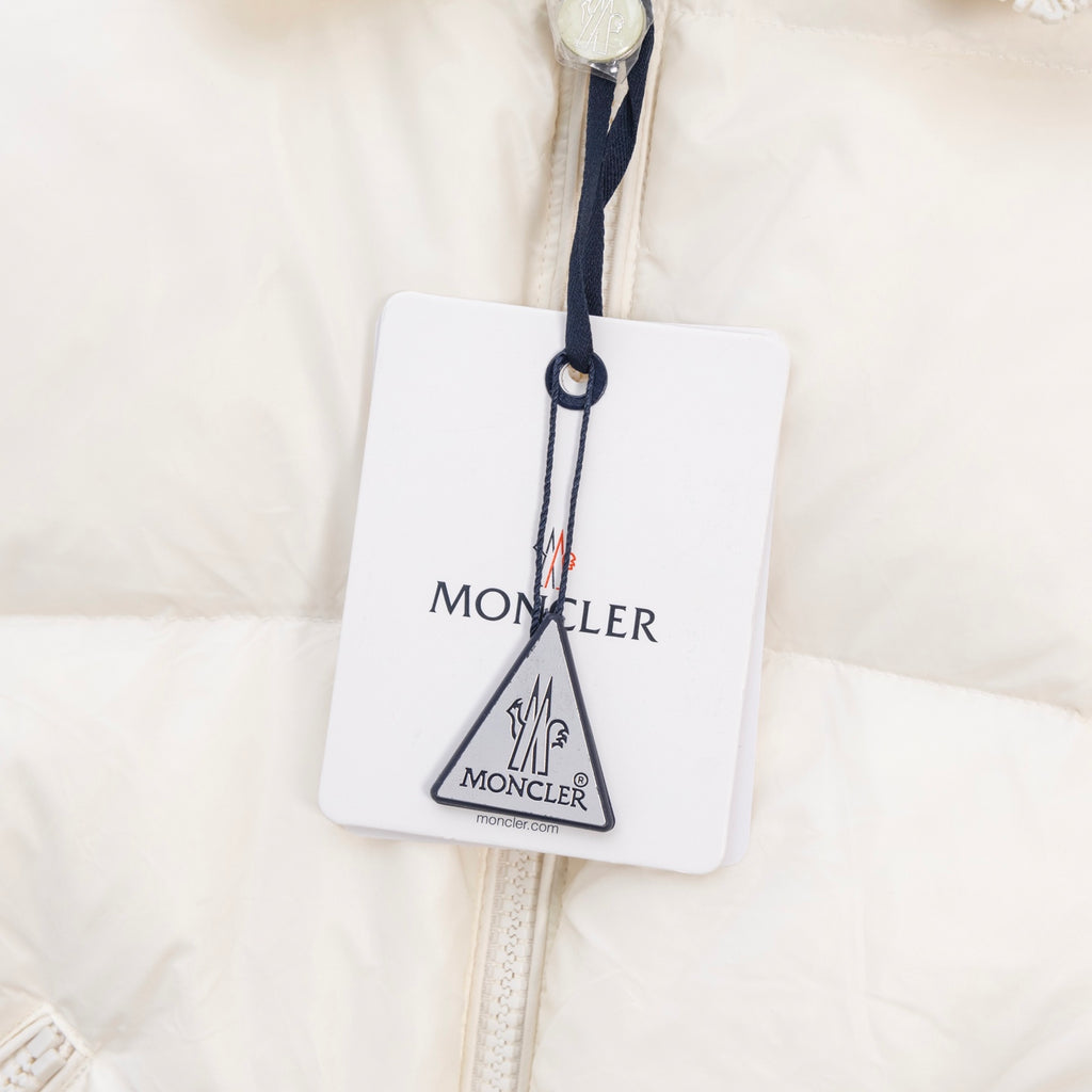Moncler white puffer jacket, front zipper with hanging Moncler logo tag