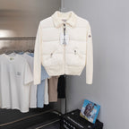 Moncler long puffer jacket, white, ribbed knit collar and front zipper