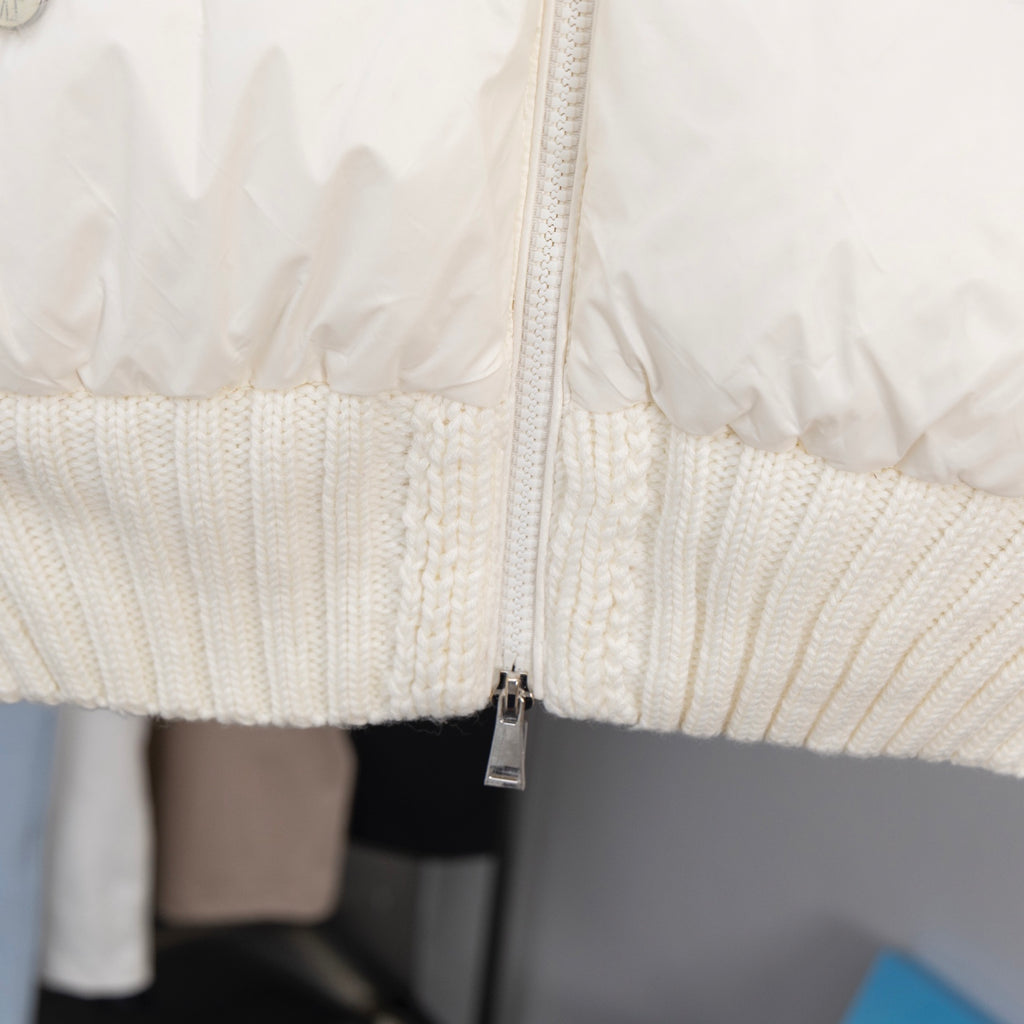 Moncler long puffer jacket, ribbed knit hem and front zipper