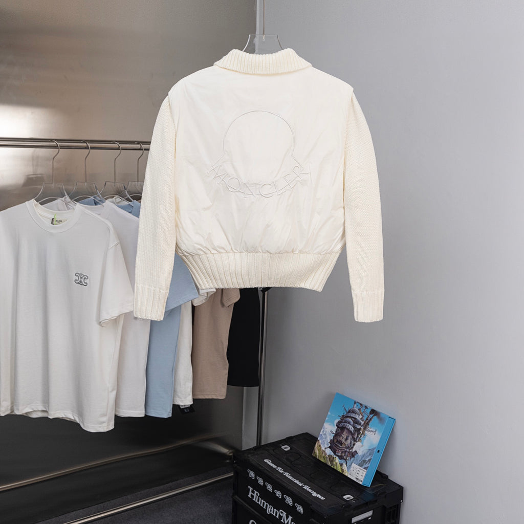 Moncler long puffer jacket, white, knit cuffs and back logo embroidery