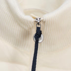 Moncler puffer jacket zipper pull and metal clip on cream stand collar