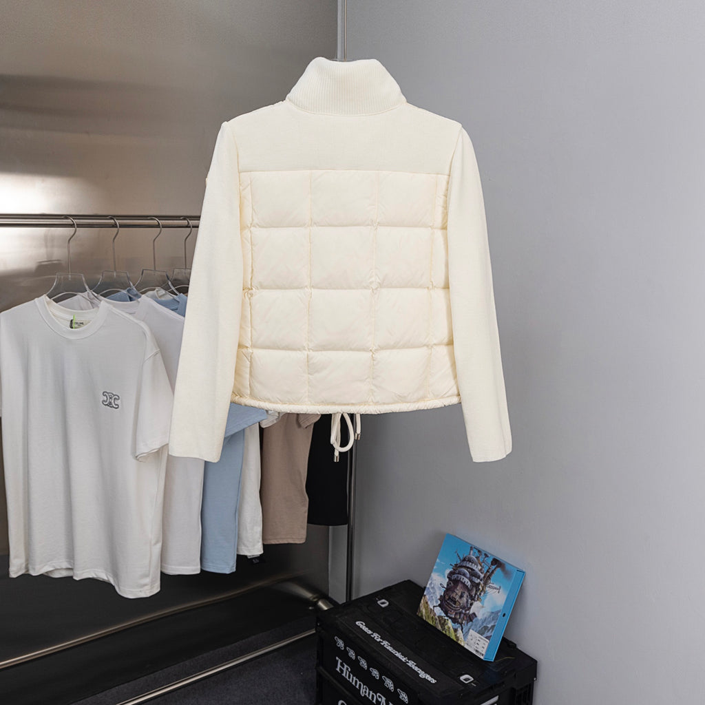Moncler long puffer jacket, cream, quilted back view with ribbed stand collar