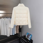 Moncler long puffer jacket, cream, quilted back view with ribbed stand collar