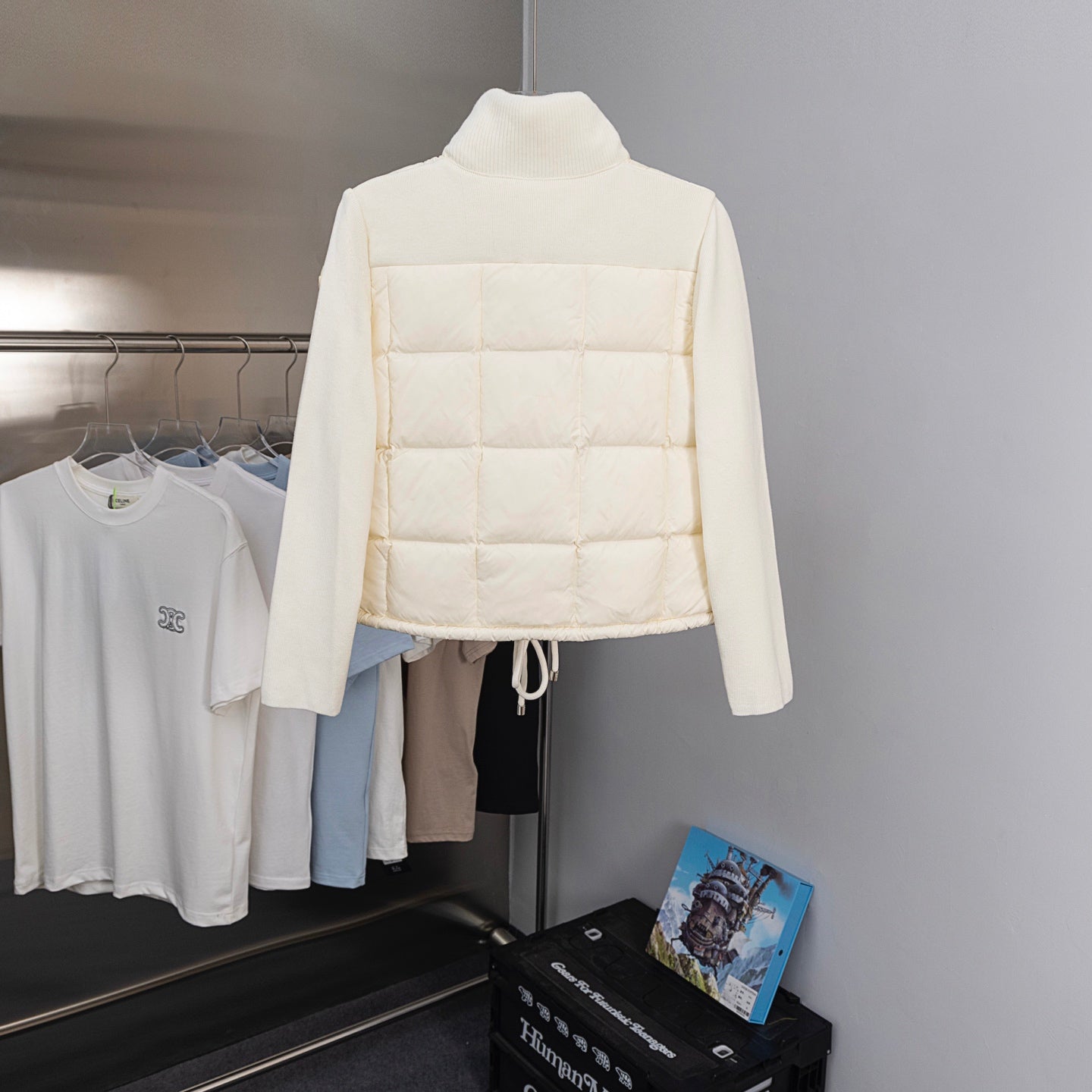 Moncler long puffer jacket, cream, quilted back view with ribbed stand collar