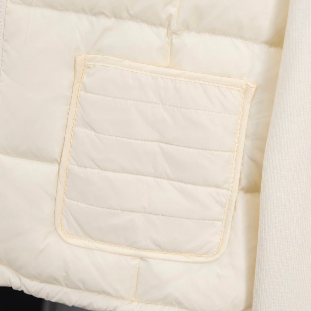 Moncler long puffer jacket, cream, front pocket panel with stitched trim