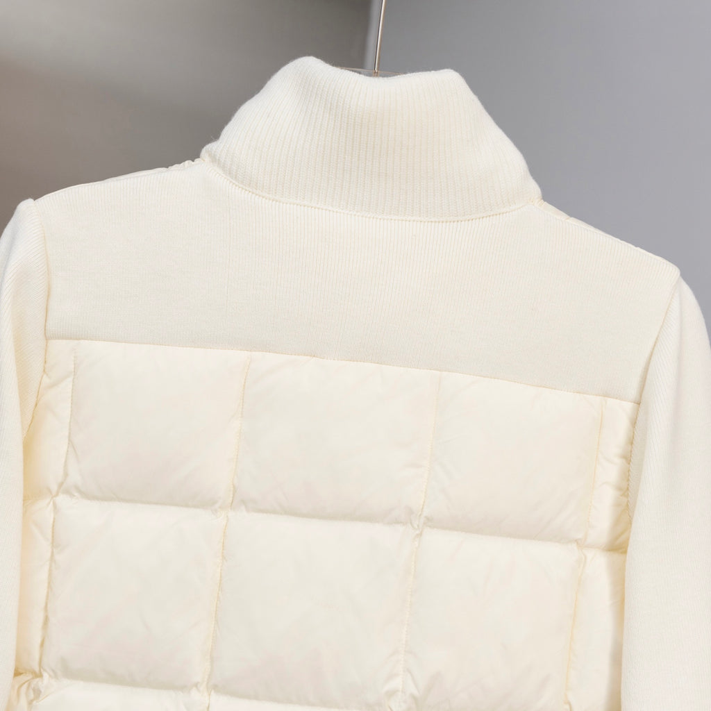Moncler long puffer jacket, cream, quilted back with ribbed stand collar