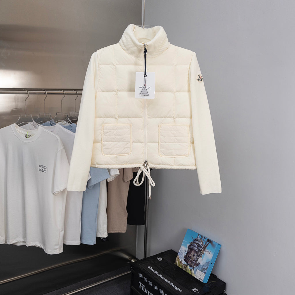 Moncler long puffer jacket, cream, quilted with front zip and stand collar