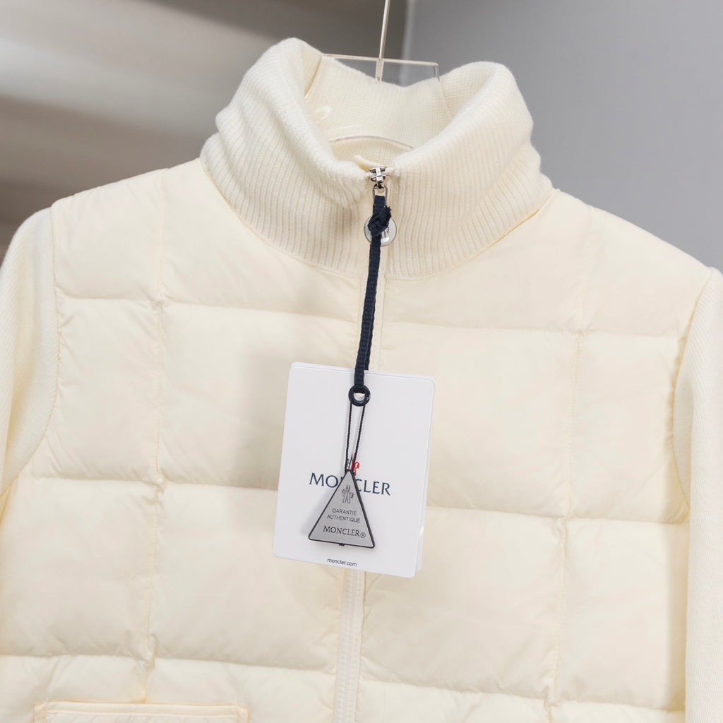 Moncler long puffer jacket, cream, ribbed stand collar with front zip and tag