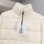 Moncler long puffer jacket, cream, ribbed stand collar with front zip and tag
