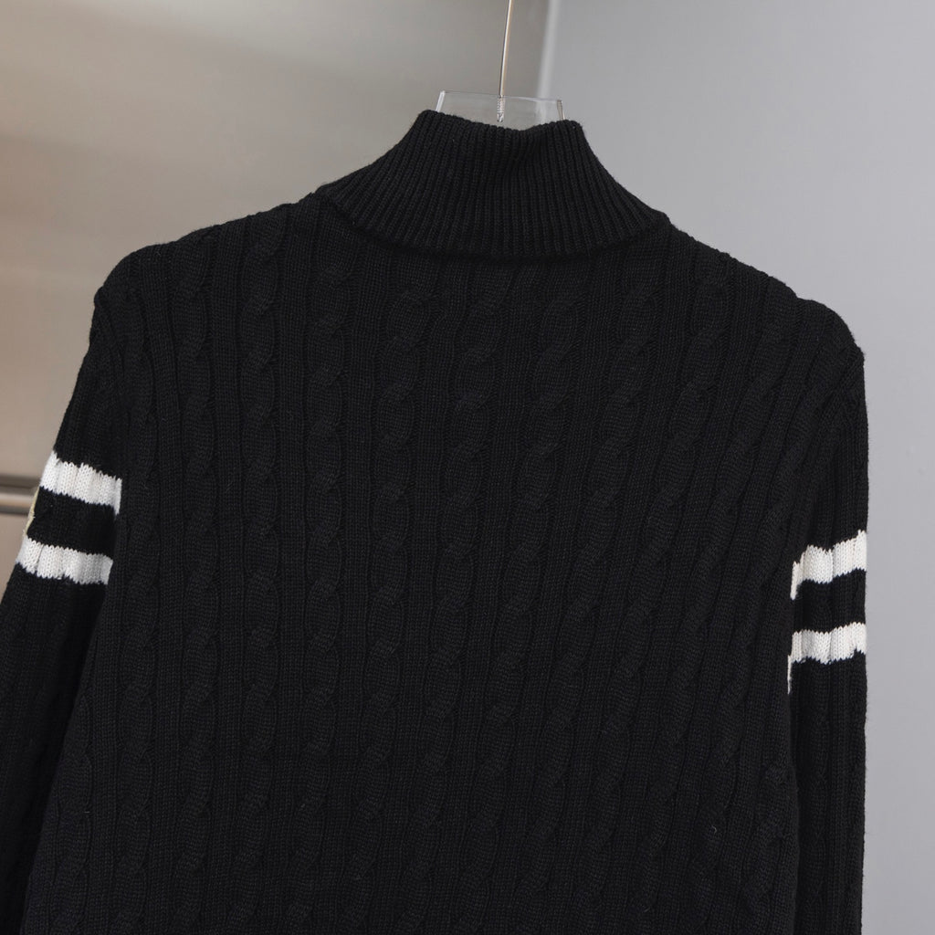Moncler puffer jacket back with cable knit texture and striped sleeve bands