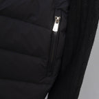Moncler puffer jacket zipper and quilted panel detail on knit sleeve
