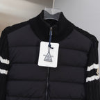 Moncler puffer jacket with ribbed knit stand collar and front zip, branded hang tag