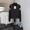 Moncler puffer jacket with ribbed knit collar and white stripe sleeves, front zip