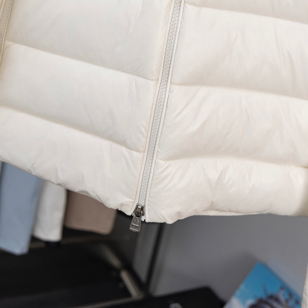 Long white puffer jacket with center front zipper