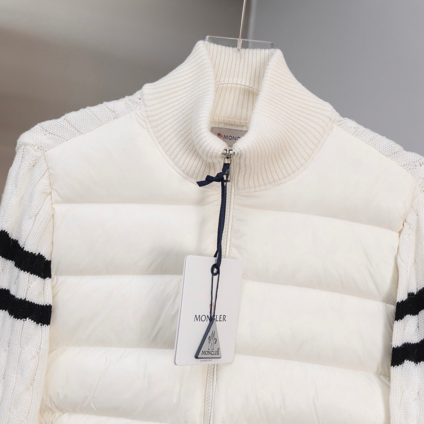 Moncler long puffer jacket, white with ribbed stand collar and zip front