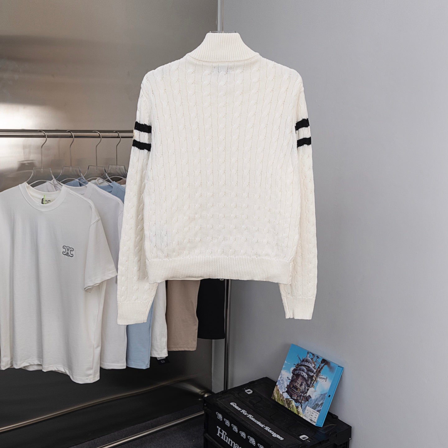 Moncler long puffer jacket, white knit collar and black stripe sleeve cuffs