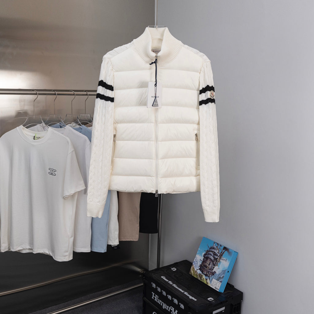 Moncler long puffer jacket, white with full zipper and black stripe sleeves