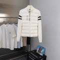 Moncler long puffer jacket, white with full zipper and black stripe sleeves