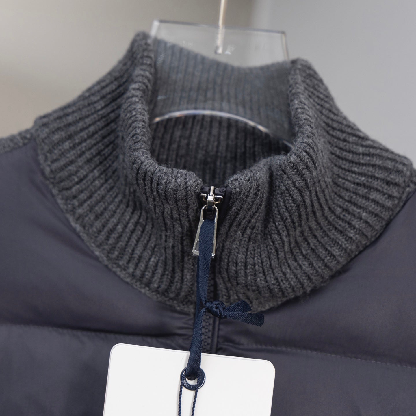 Moncler knit rib collar puffer jacket, center zip with pull tab