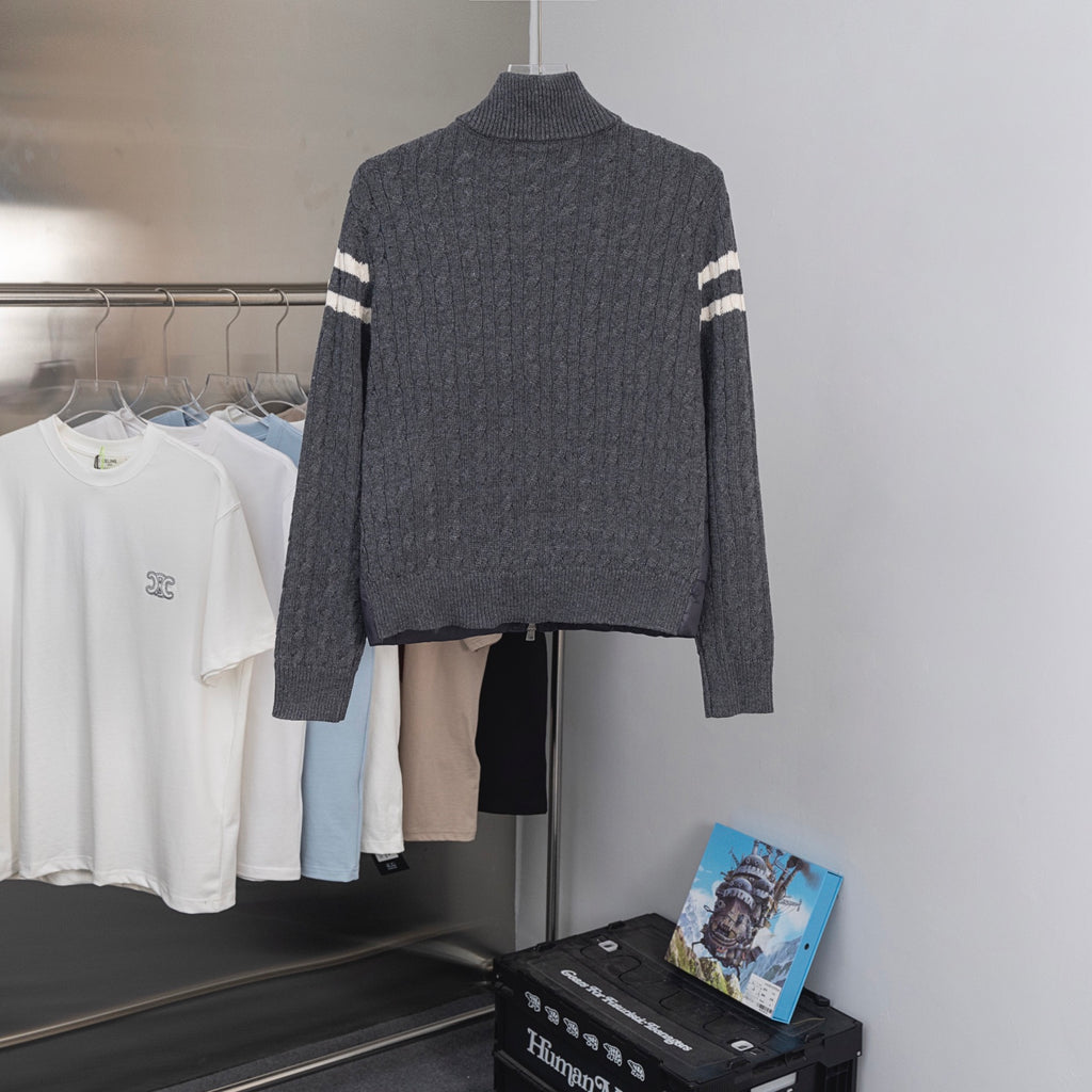 Moncler long puffer jacket back view, ribbed knit collar and striped sleeves