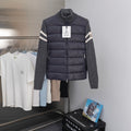 Moncler long puffer jacket with knit sleeves, striped detail, zip front, hanging tag