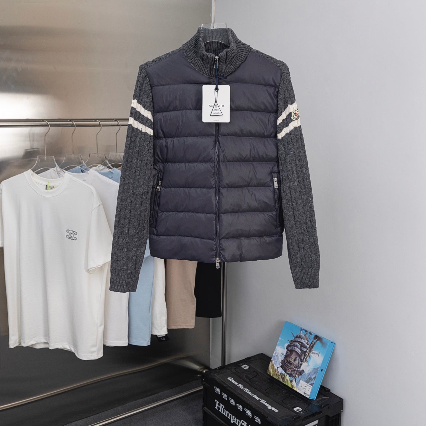 Moncler long puffer jacket with knit sleeves, striped detail, zip front, hanging tag