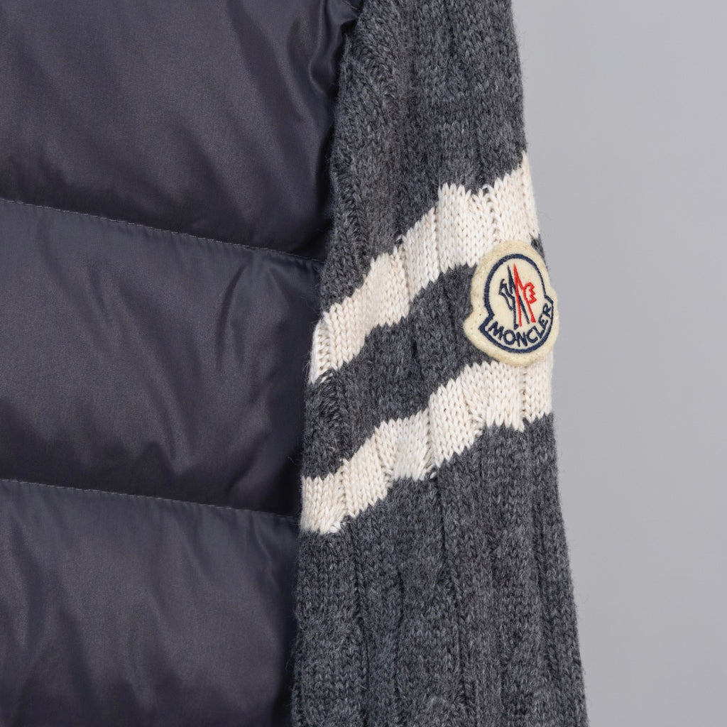 Moncler knit sleeve with white stripe panel and circular logo patch