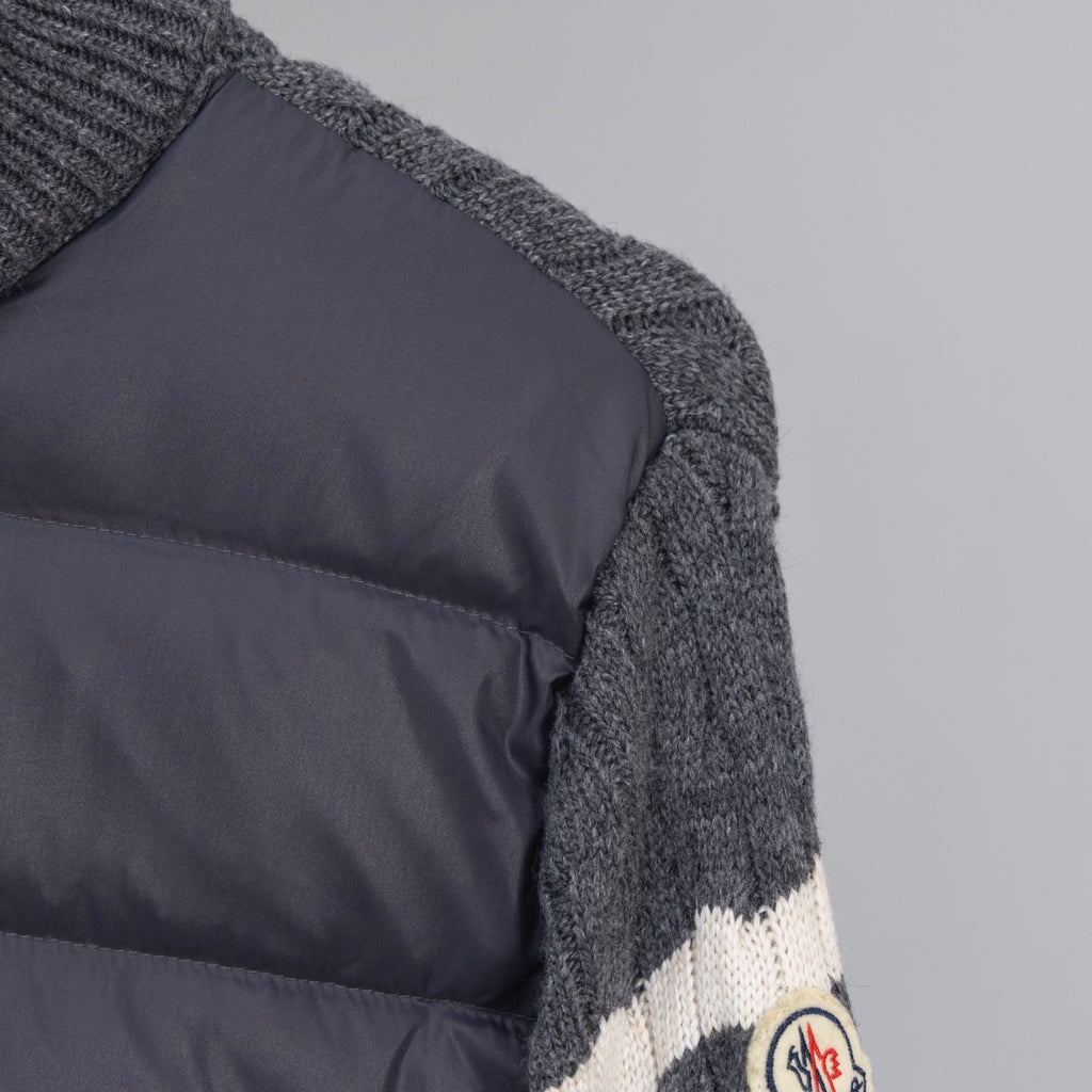 Moncler knit cuff with white stripe on dark puffer side panel