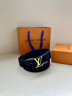 Louis Vuitton dark navy belt with monogram pattern and gold-tone LV buckle