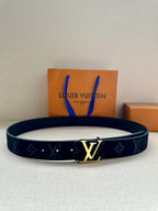 Louis Vuitton dark navy belt with monogram pattern and gold-tone LV buckle
