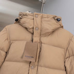 Beige puffer jacket collar with drawstring hood and snap placket, Burberry label