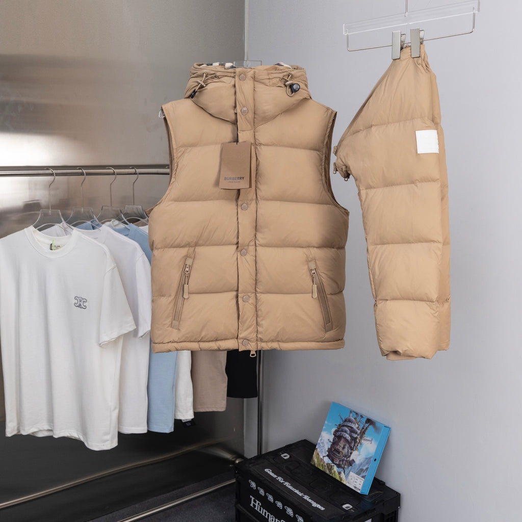 Beige long puffer jacket with hood, front zip and snap placket, Burberry label